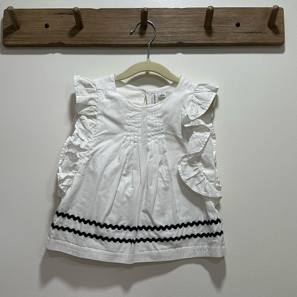 Janie and Jack Girls Cotton White Blouse Ruffles with Blue Detail size 4